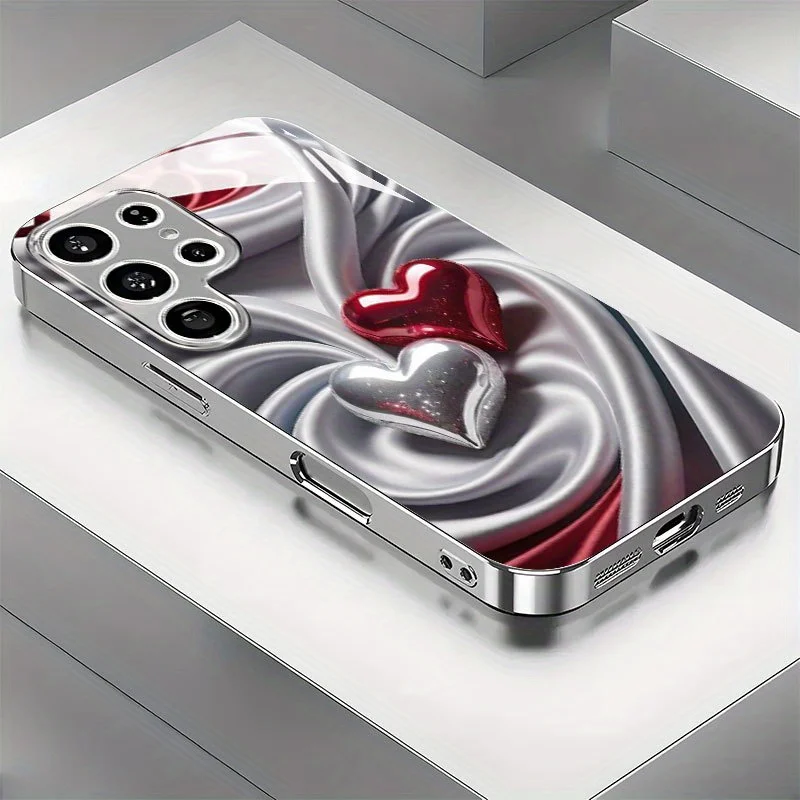 New double-heart pattern electroplated glass phone case, suitable for Samsung S26/S25, S24/S23/S22/S21/S20, etc. models
