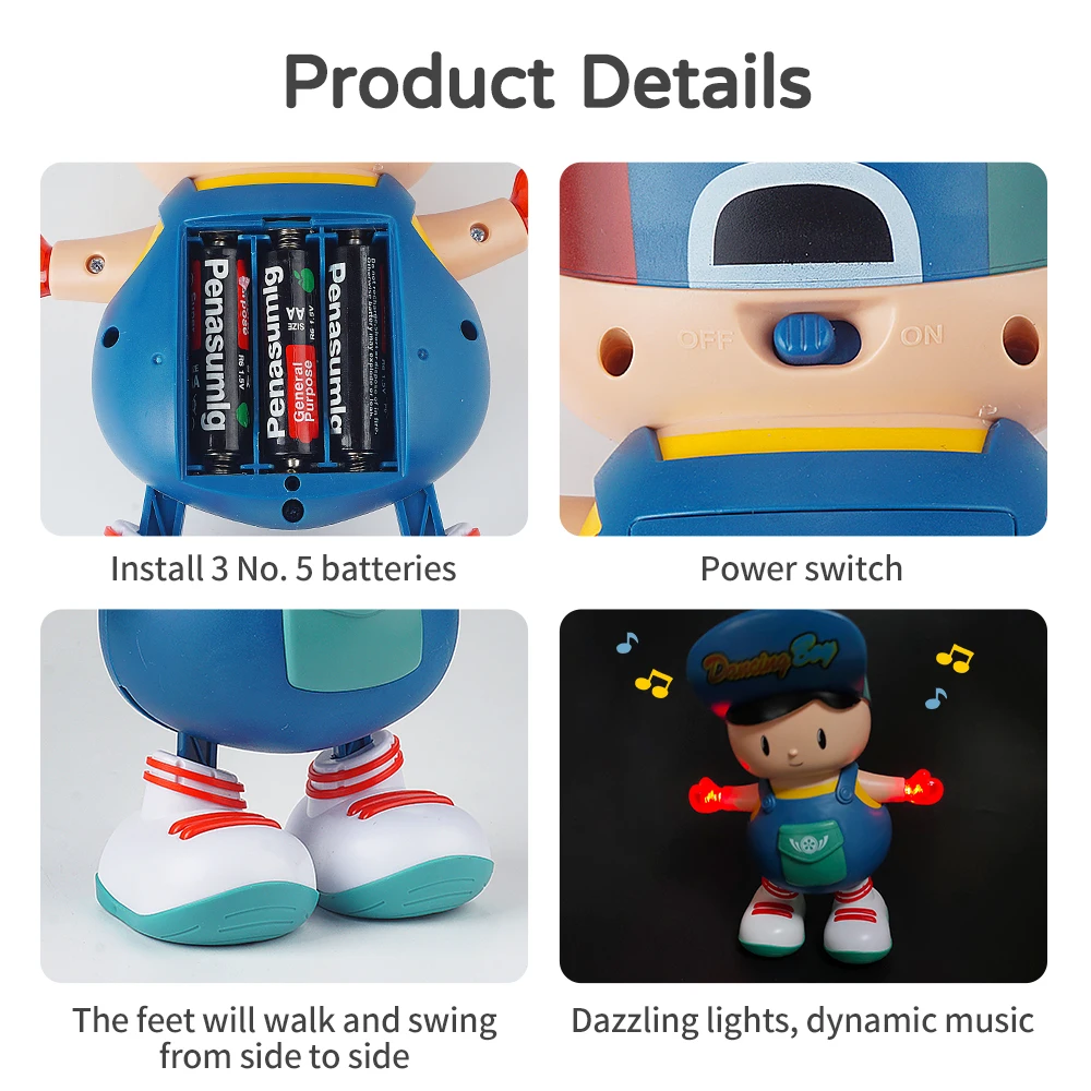 Muñeco pequeño bailando eléctrico con luces coloridas, música dinámica, caminar y columpio, juguete de regalo de cumpleaños para niños, 3 pilas AA autopesanadas