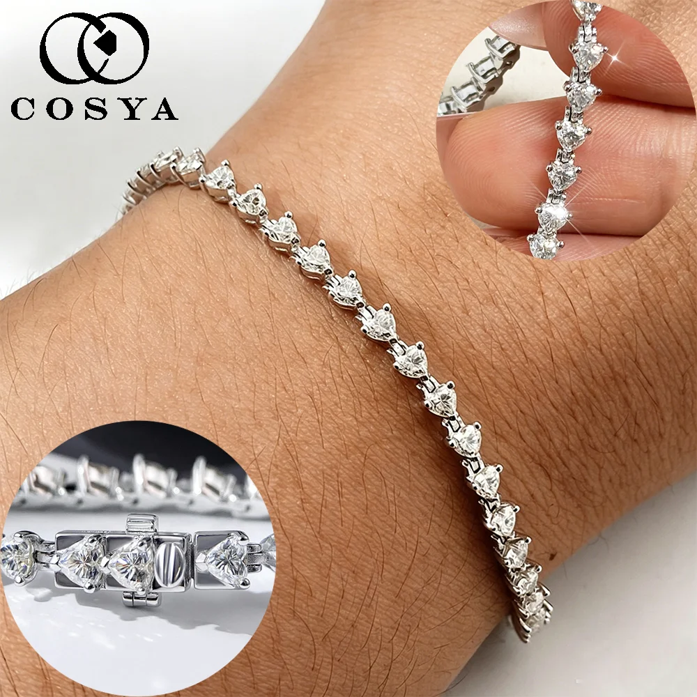 

COSYA 3mm Heart Cut Moissanite Tennis Bracelet for Women S925 Silver Sparkling Pass Diamond Test Eternity Wedding Fine Jewelry