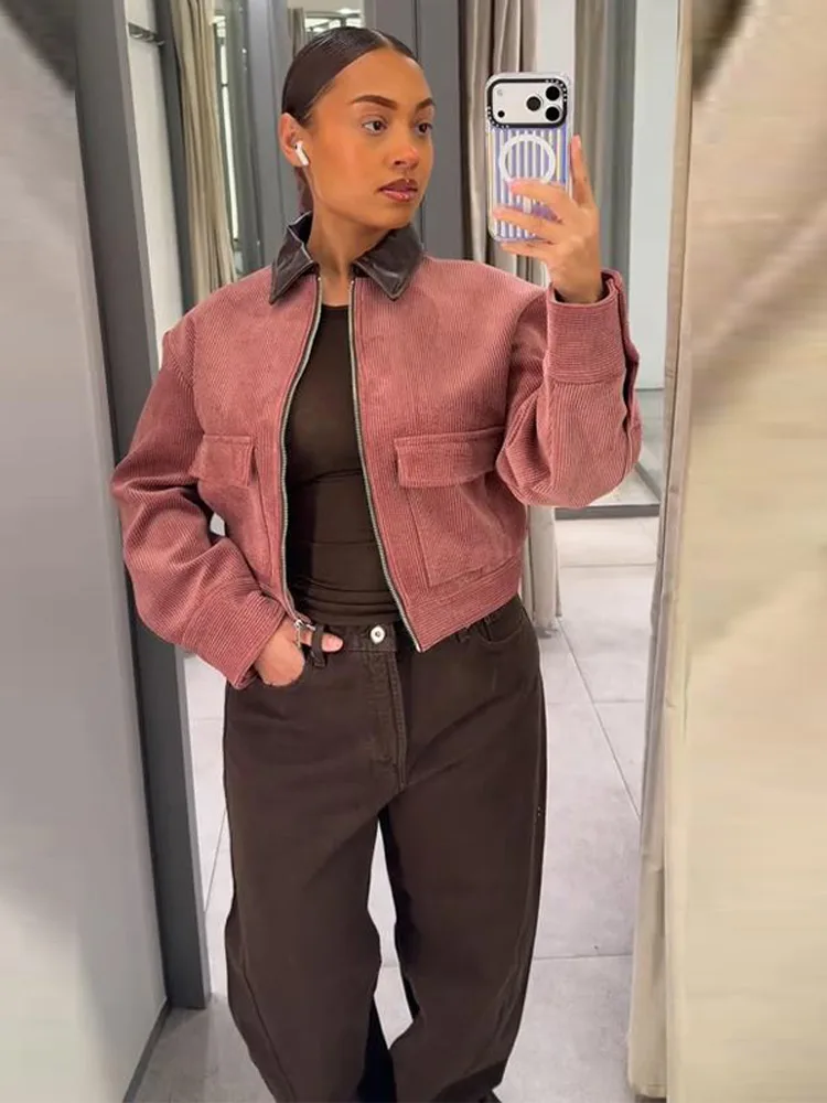 Pink Corduroy Cropped Jacket for Women with Contrast Collar