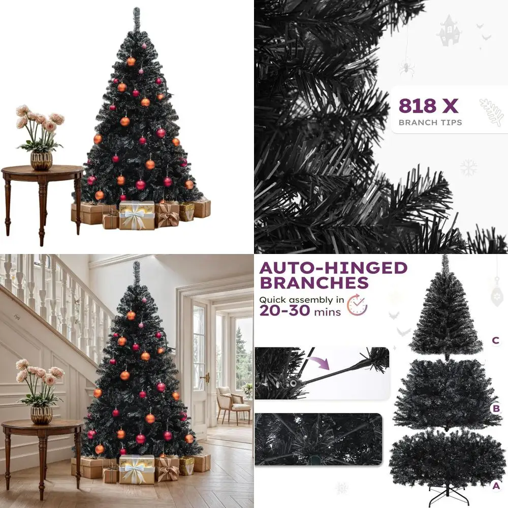 

6-Foot Hinged Black Christmas Tree with 818 Tips, Ideal for Home, Office, and Party Decor