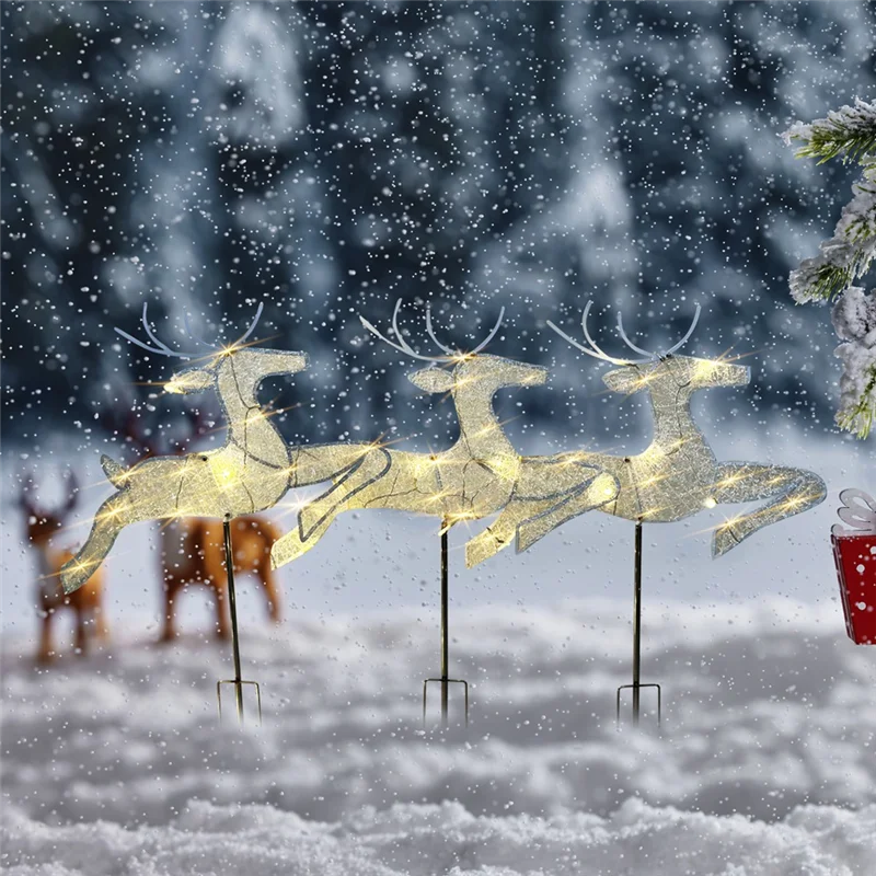 

PZHI-Home Christmas Yard Decoration, Set Of 3 Pre-Lit White Reindeer With White Lights, Light Up Glittered Standing Reindeer