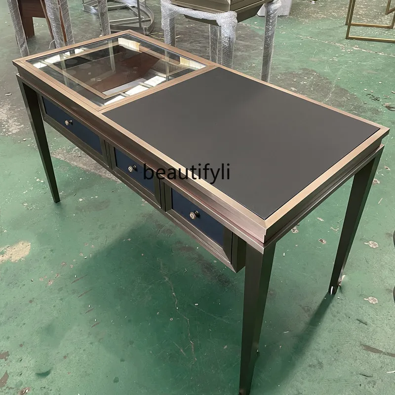 

Stainless Steel Jewelry Negotiation Table with Light Display Cabinet Gold Jade Glass Display Cabinet