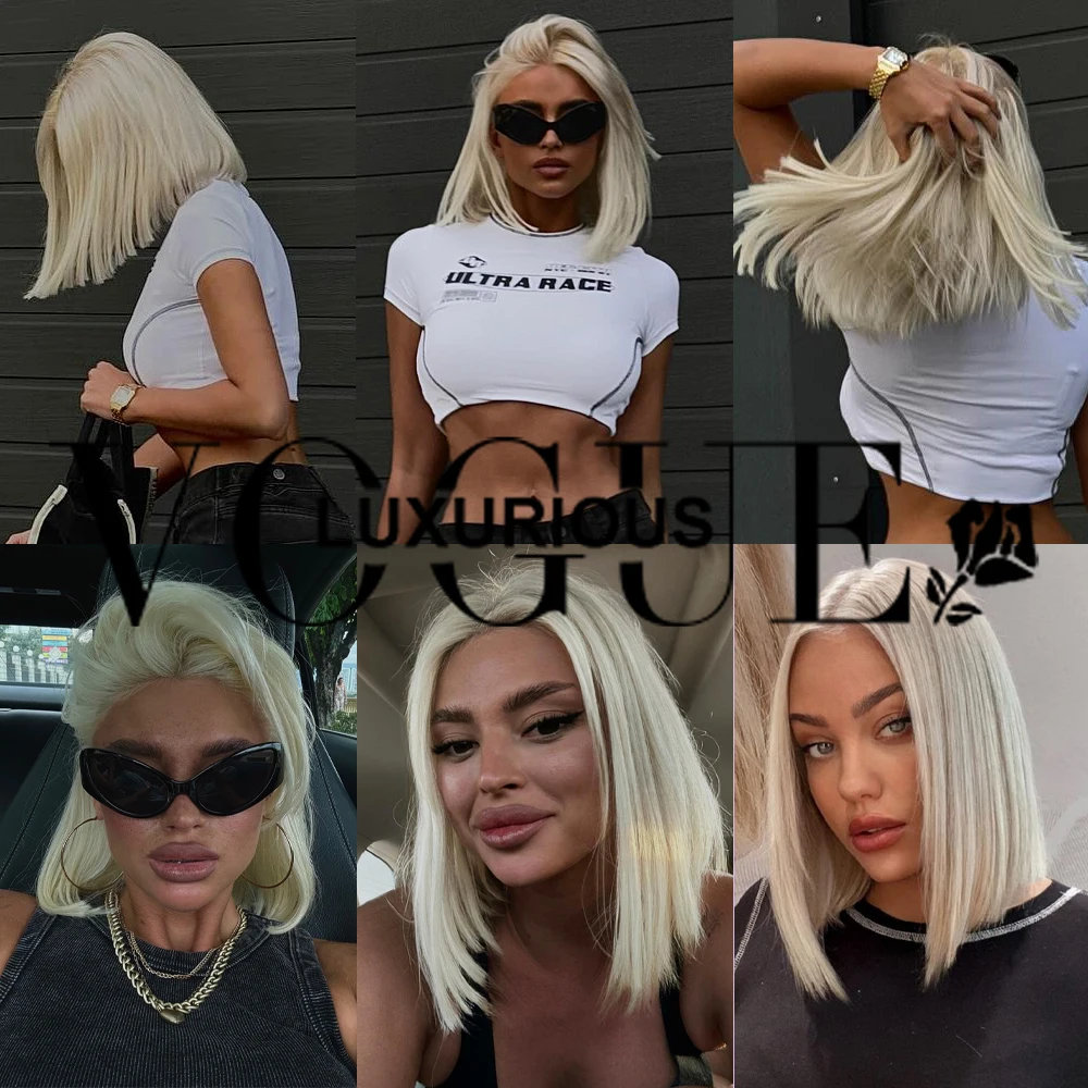 لوكس رواج موضة البلاتين شقراء قصيرة بوب خصلات الشعر المستعار الإنسان 210 الكثافة 5x5 غلويليس قبل قطع الدانتيل الباروكات البرازيلي شعر ريمي الباروكات