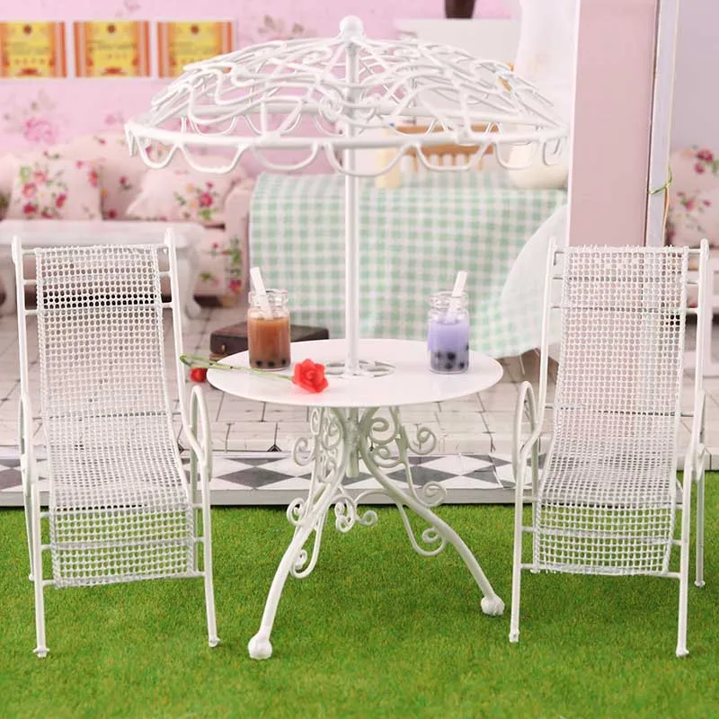 Miniature Items Dollhouse Wrought Iron Umbrella Table Chair Set Mini Outdoor Coffee Chair blyth Doll House Accessories Furniture