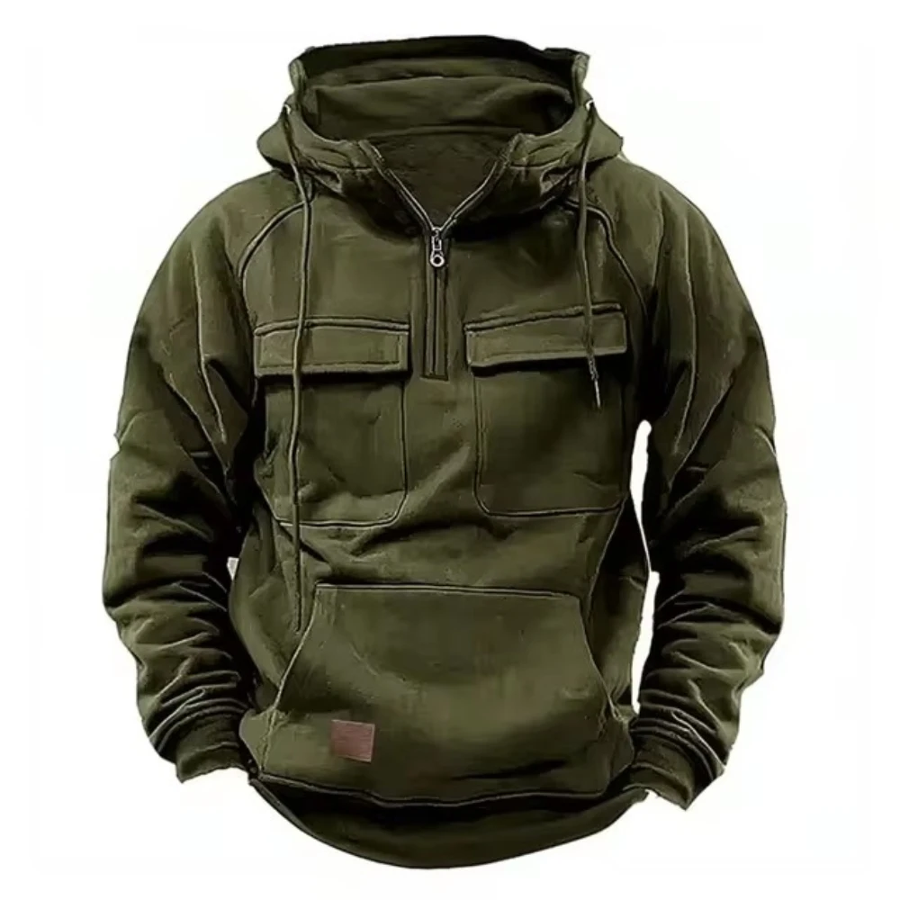 Half Zipper Men's Tactical Hoodies Solid Warm Fleece Male Hooded Military Sweatshirts Multi Pockets Jackets Thick Outdoor Polar