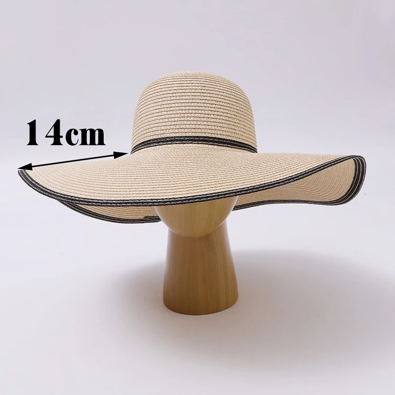 14cm Super Wide Brim Straw Hat Women Luxury Beach Sun Hat Large Ribbon Sunhat Summer UV Protection Holiday Foldable Panama Cap