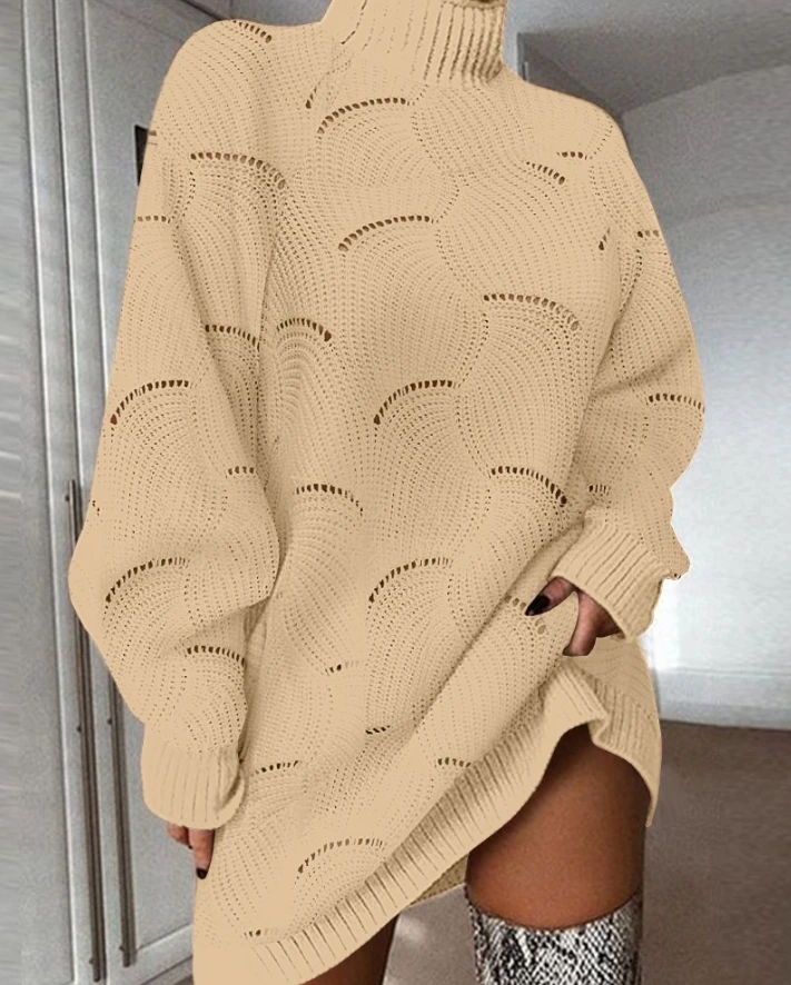 Fall 2024 casual women's high necked hollow out long sleeved loose and slimming sweater dress