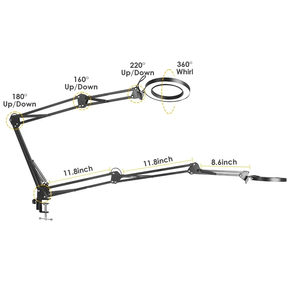 3 Section Extra-long swing Magnifying Glass Lamp with 3Color Adjust LED Lights Reading Table Lamp for Welding Repair Close Work