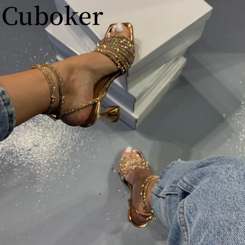 2024 Summer Bling High Heels Rhinestone Slippers Women MultiColor Square Toe Pumps Ladies Sexy Ankle Strap Crystal Sandals Mujer