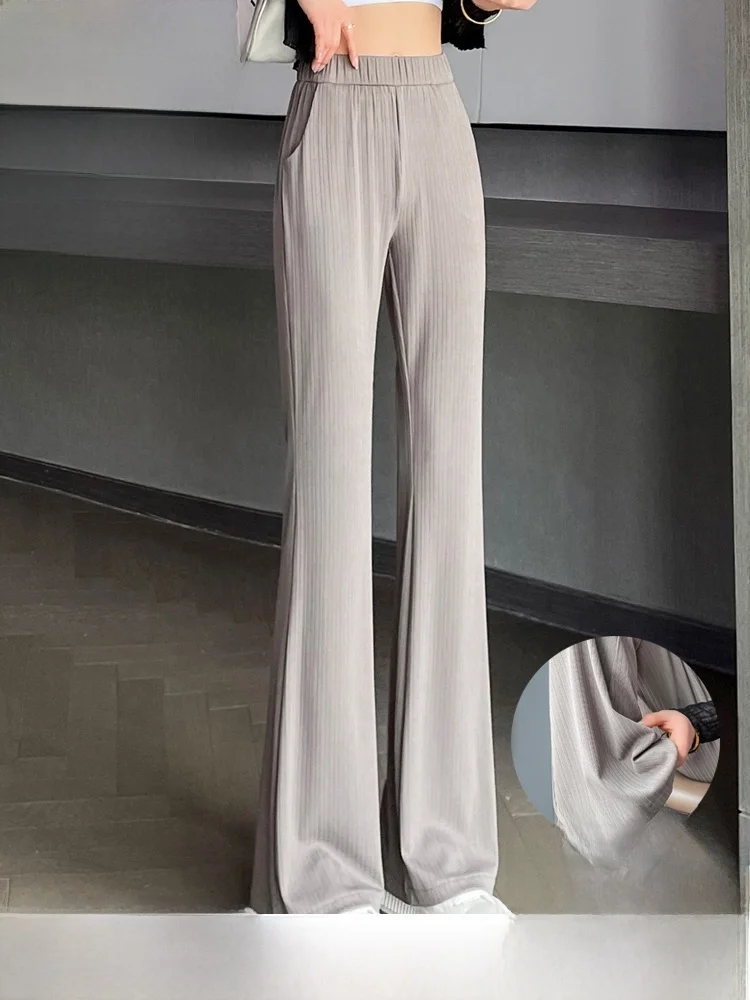 

Прямые широкие брюки с высокой талией, женские повседневные брюки из ледяного шелка с завязками, корейские брюки для поездок на работу, летняя тонкая модель