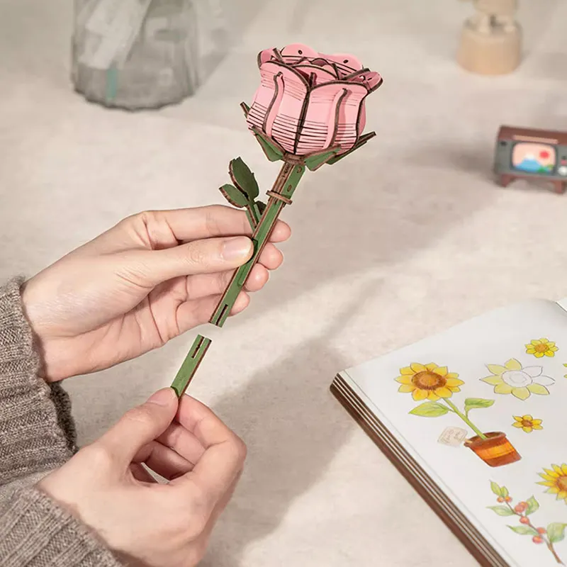 Ramo de flores de madera 3D DIY, hermoso rompecabezas de madera para decoración de novias, regalos hechos a mano, materiales para amigos ecológicos