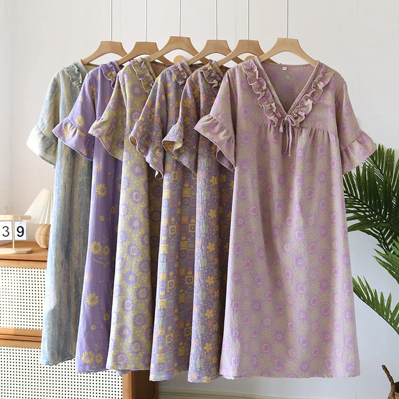 

Летняя женская ночная сорочка с коротким рукавом, V-образным вырезом и оборками, 100% хлопок, большие размеры, пижамное платье