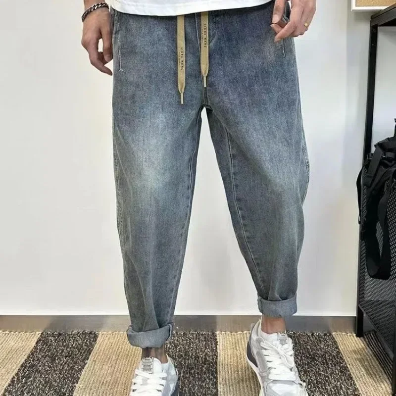 

Men's Jeans Cropped Man Cowboy Pants Light Blue Trousers Harem Designer Cotton Baggy Plus Size Regular Korean Fashion Soft Loose