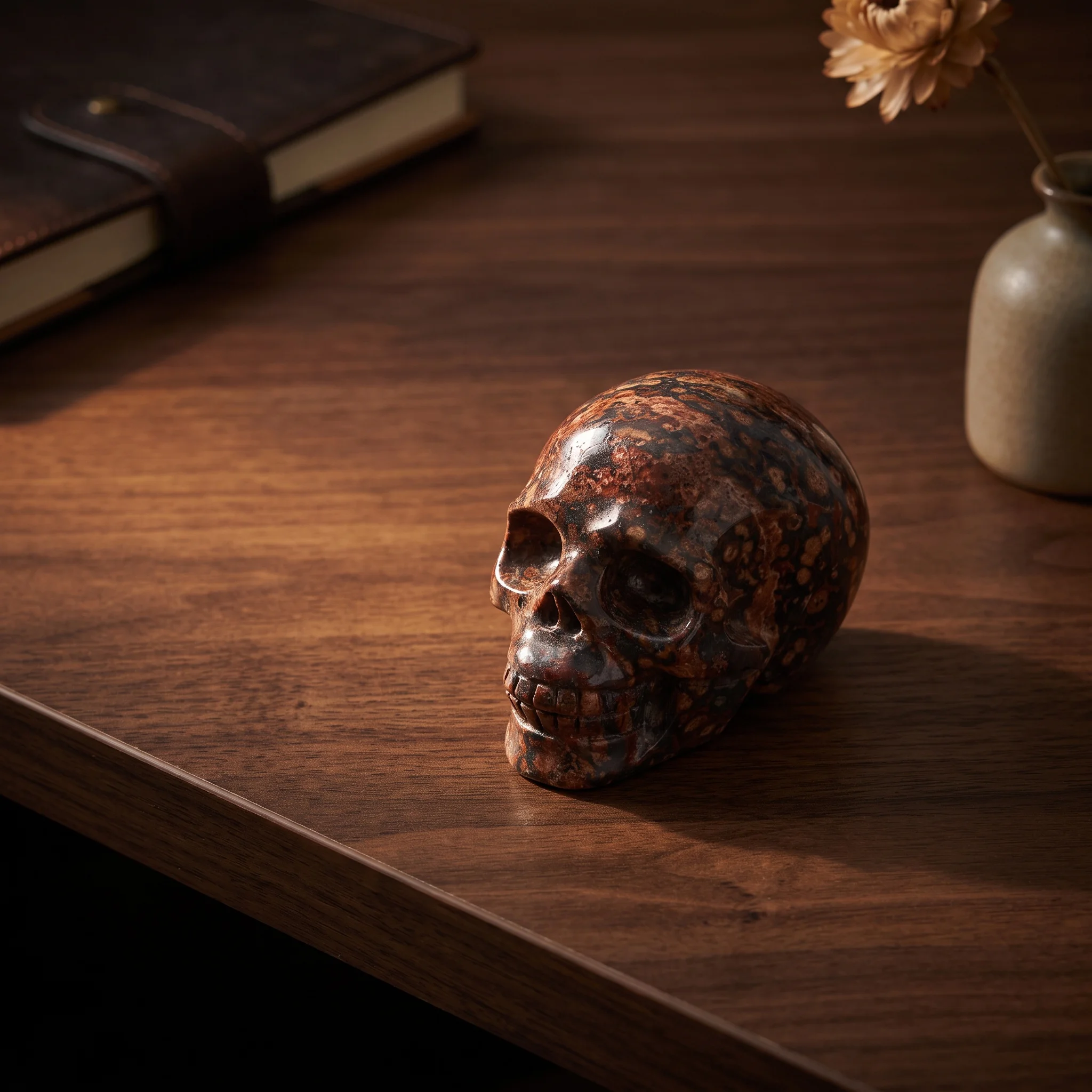 1pc Natural Leopard Skin Jasper skull Stone- Polished Suitable for Decor,-Themed Tabletop