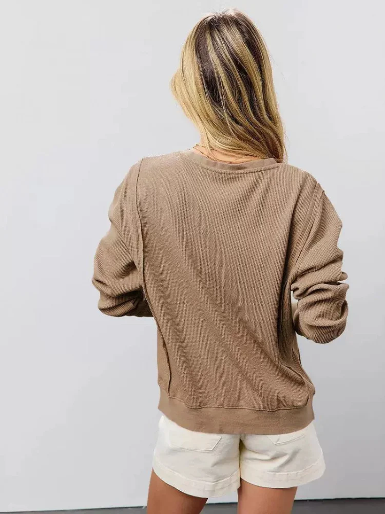 Faionable American Sle dames ronde Ne Knitwear lange Sve split trui losse pasvorm Lantern Sve kleur streetwear