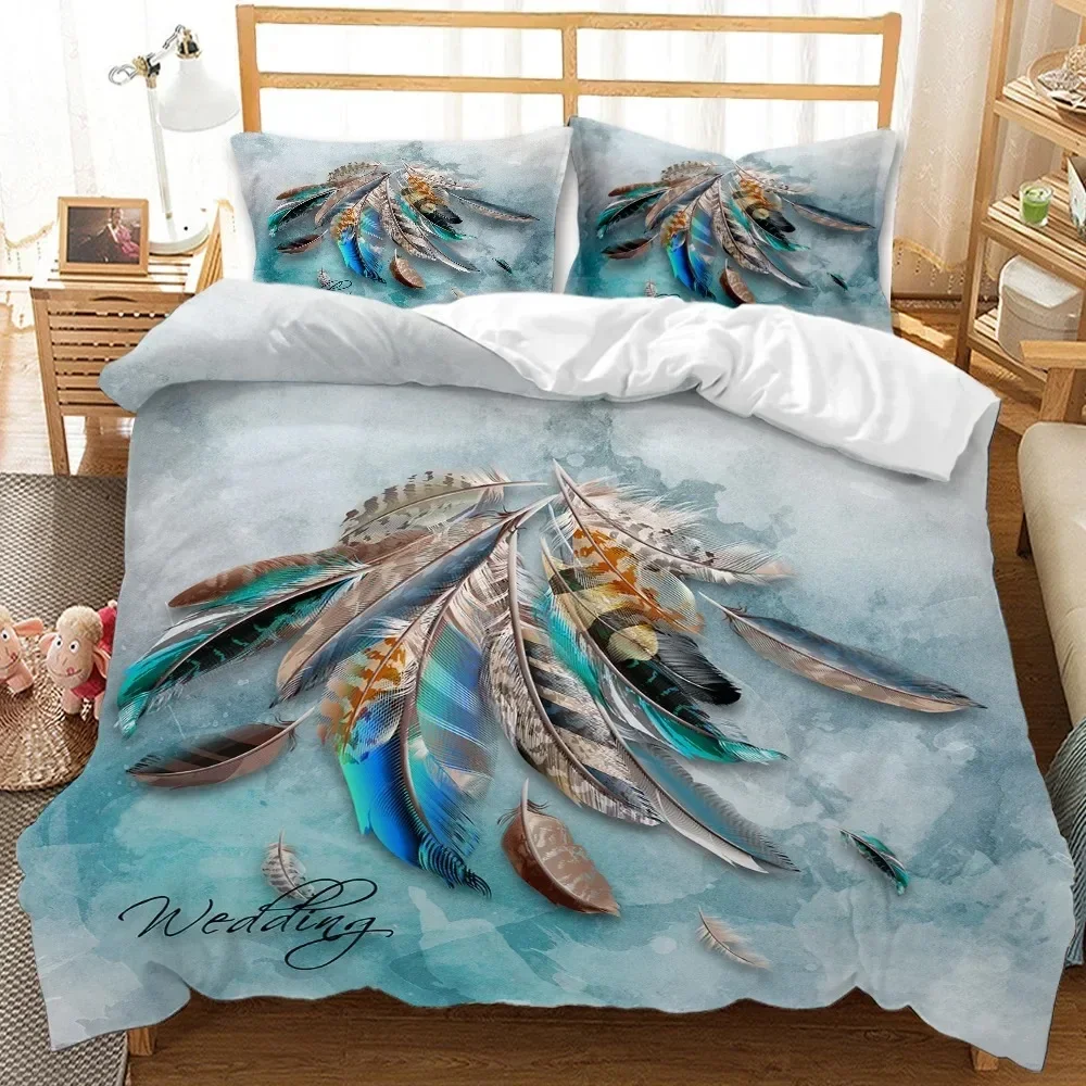 Feathers Duvet Cover Set 3D Print Birds Further Decorative Bedding Set for Kids Boys Girls Teens Polyester Bedding Set King Size