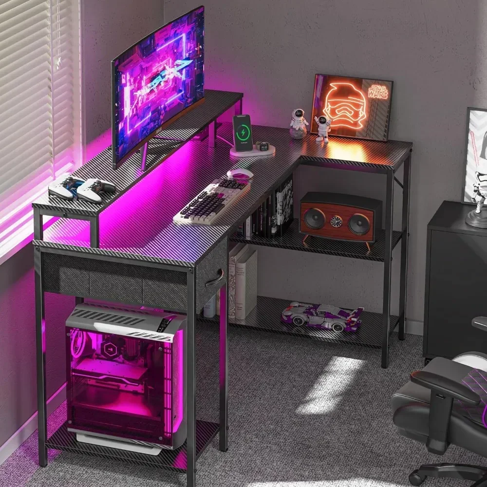 

L Shaped Gaming Desk with LED Lights & Power Outlets, Reversible Computer Desk with Shelves & Drawer