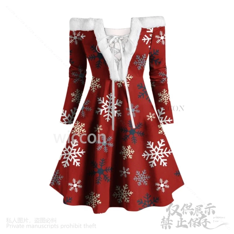 Anime 2024 Weihnachten Nettes Kleid Elegante Schneeflocke Sexy Off Schulter Langarm Faux Pelz Kragen Lolita Frau Mädchen Set Angepasst