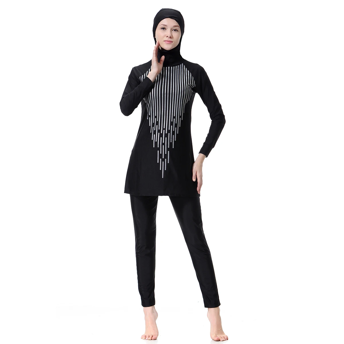 S-3XL Muslim Women Swimwear Burkini Modest Full Cover Hoodie 2-Piece Printed Islamic Swimsuit Solid Color Quick Dry