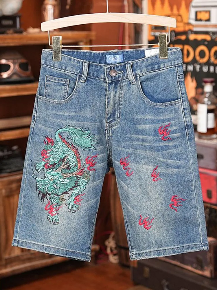 Summer New Fashion Trend Embroidered Retro Sports Plus Size Denim Shorts For Men's Casual Loose Straight Leg High-Quality Jeans