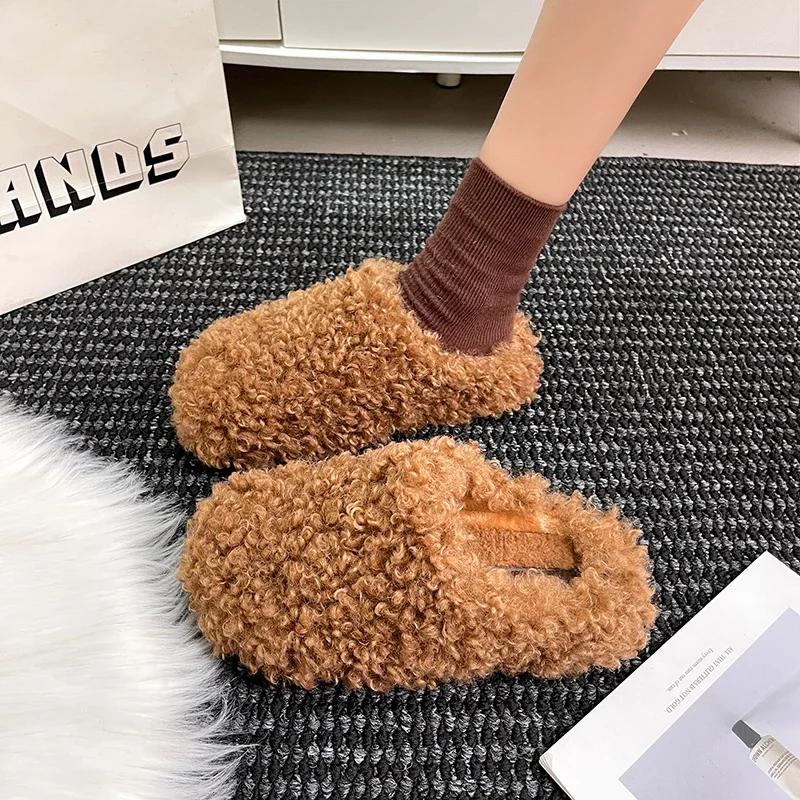 厚底のホームコットンシューズ、冬用、保温性、短い毛足のスリッパ、無地、履きやすい、女性用、室内用、プラットフォームスリッパ、新品。