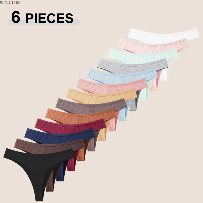 6Pcs/Set Seamless Cotton Thongs Panties For Women Sexy Low Rise Solid Color G-String Underwear Female Ribbed Breathable Lingerie