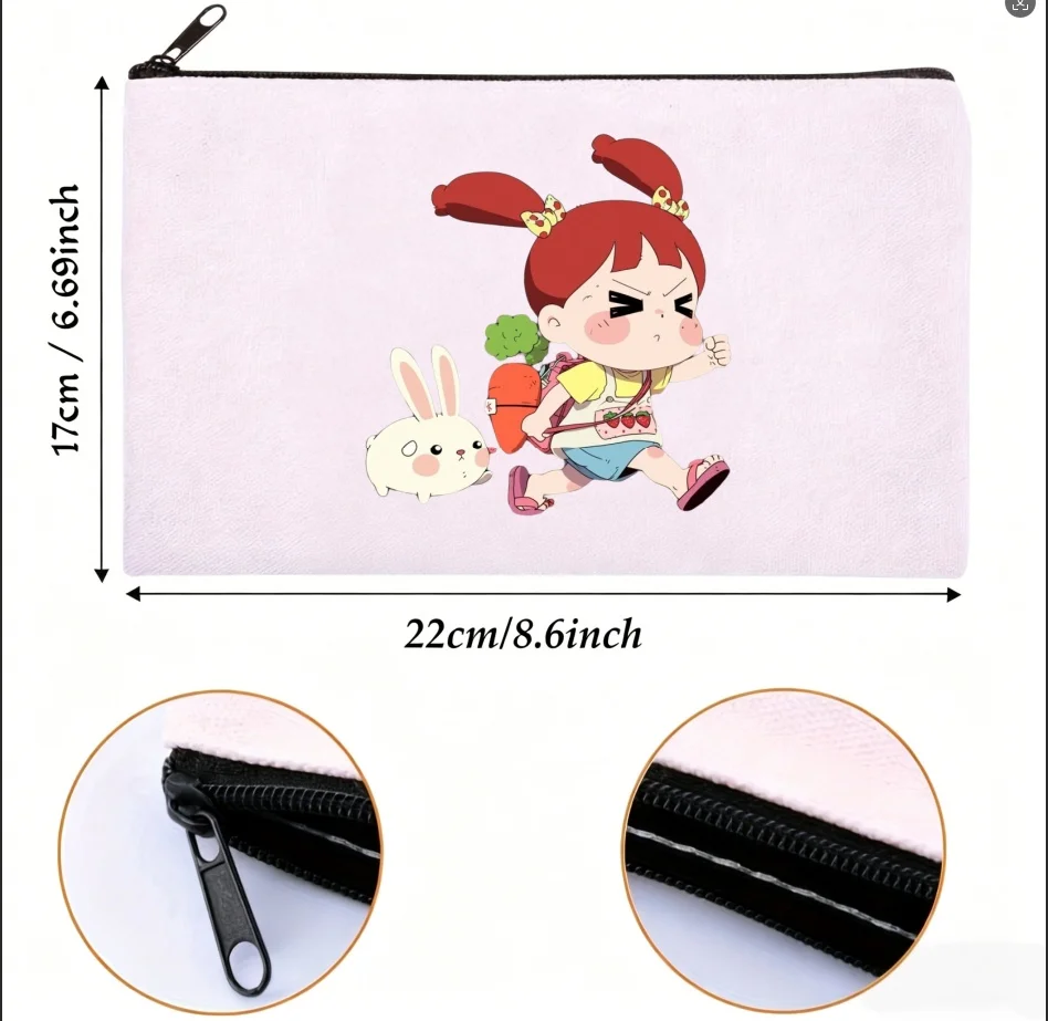 1PC Double-sided Print Canvas Pouch Cute Cartoon Girl Bunny Zipper Cosmetic Storage Bag