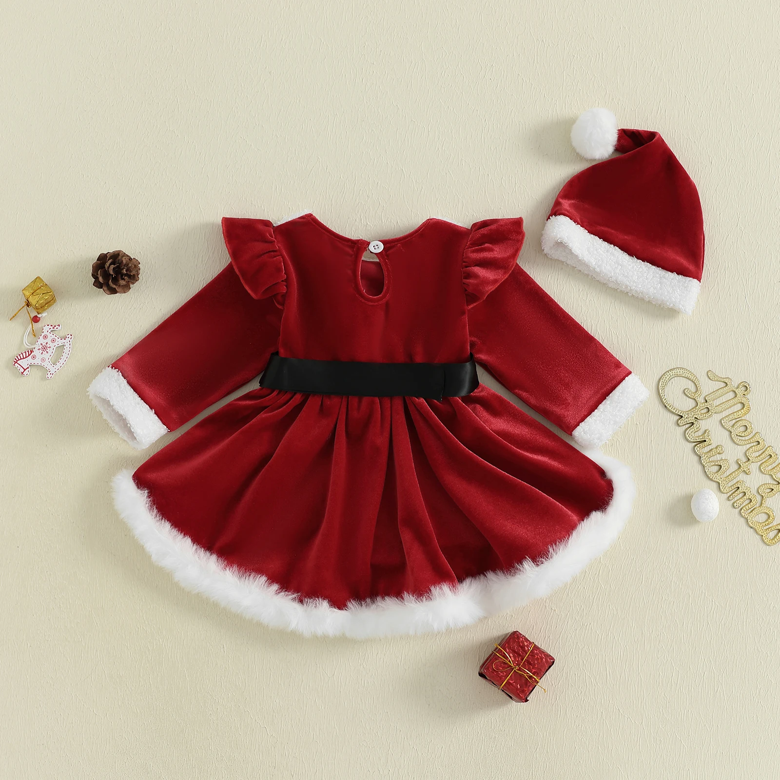 VISgogo Baby Girls Christmas Romper Dress Plush Patchwork Long Sleeve Jumpsuits and Cute Santa Hat Set for Toddler Outfits