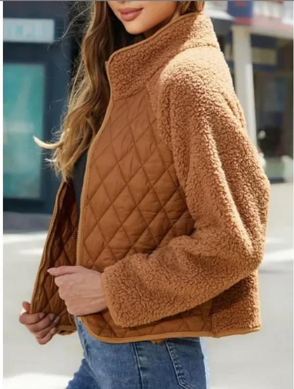 Quilted Fleece Patchwork Jacket Women Stand Collar Zip Up Teddy Short Outerwear