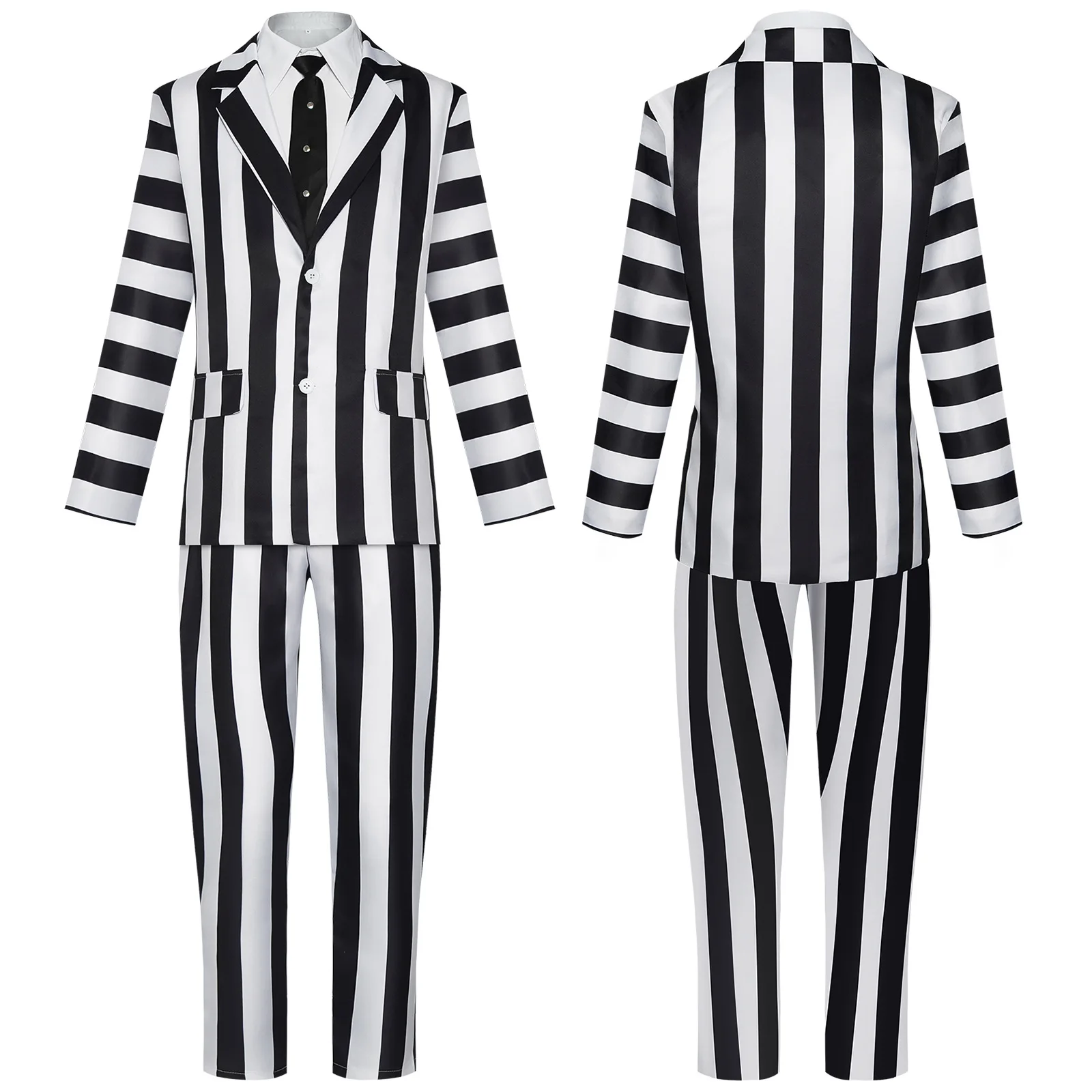 

2025 New Anime Cosplay Men Black and White Striped Suit Scary Halloween Costumes Tie Shirt for Cosplay Party Performance Costume