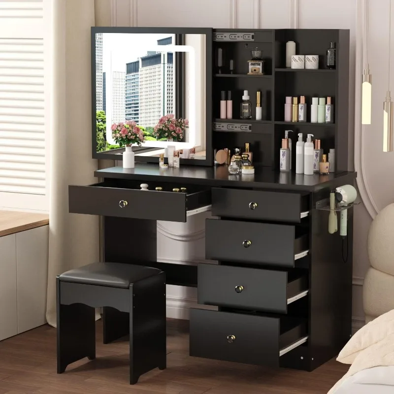 

Vanity Desk Set Makeup Table with Large Sliding Lighted Mirror, Power Strip and Hair Dryer Holder, Dressing Table with Drawers,