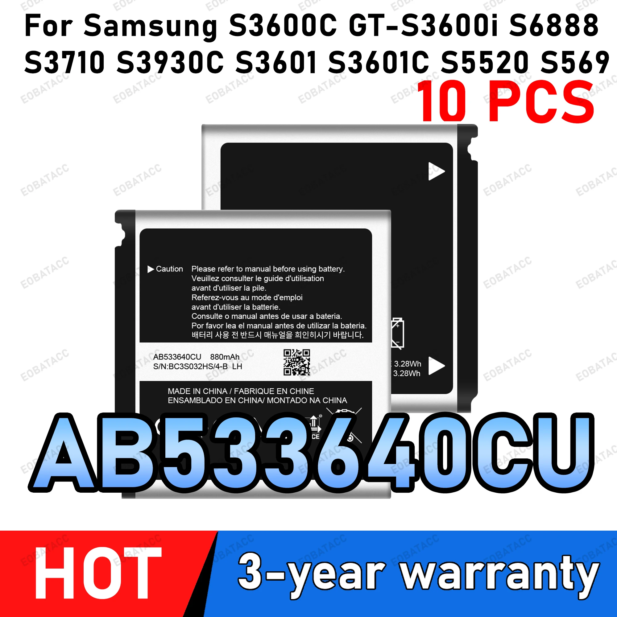 10Pcs AB533640CU AB533640CK/CE Battery 880mAh For Samsung S3600C GT-S3600i S6888 S3710 S3930C S3601 S3601C S5520 S569