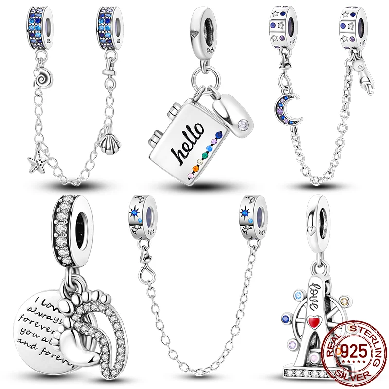 

Real 925 Sterling Silver Seashell Starfish Conch Safety Chain Spacer Beads Charms Fit Pan 3mm 925 Original Bracelets DIY Jewelry