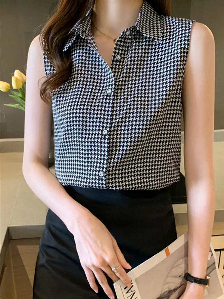 #3313 Chiffon Plaid Shirts Women Office Sleeveless Shirts Female Elegant France Style Womens Tops And Blouses Single Breasted