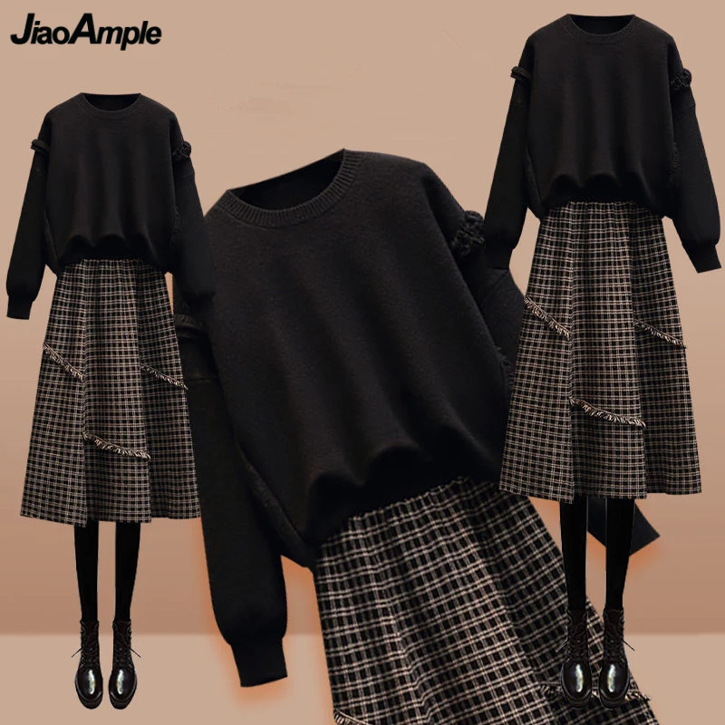 Women\'s Sping Autumn Vintage Chic Sweater Plaid Skirts 1 or Two Piece Dress Set Lady Casaul Black Knit Pullover A-Line Skirt