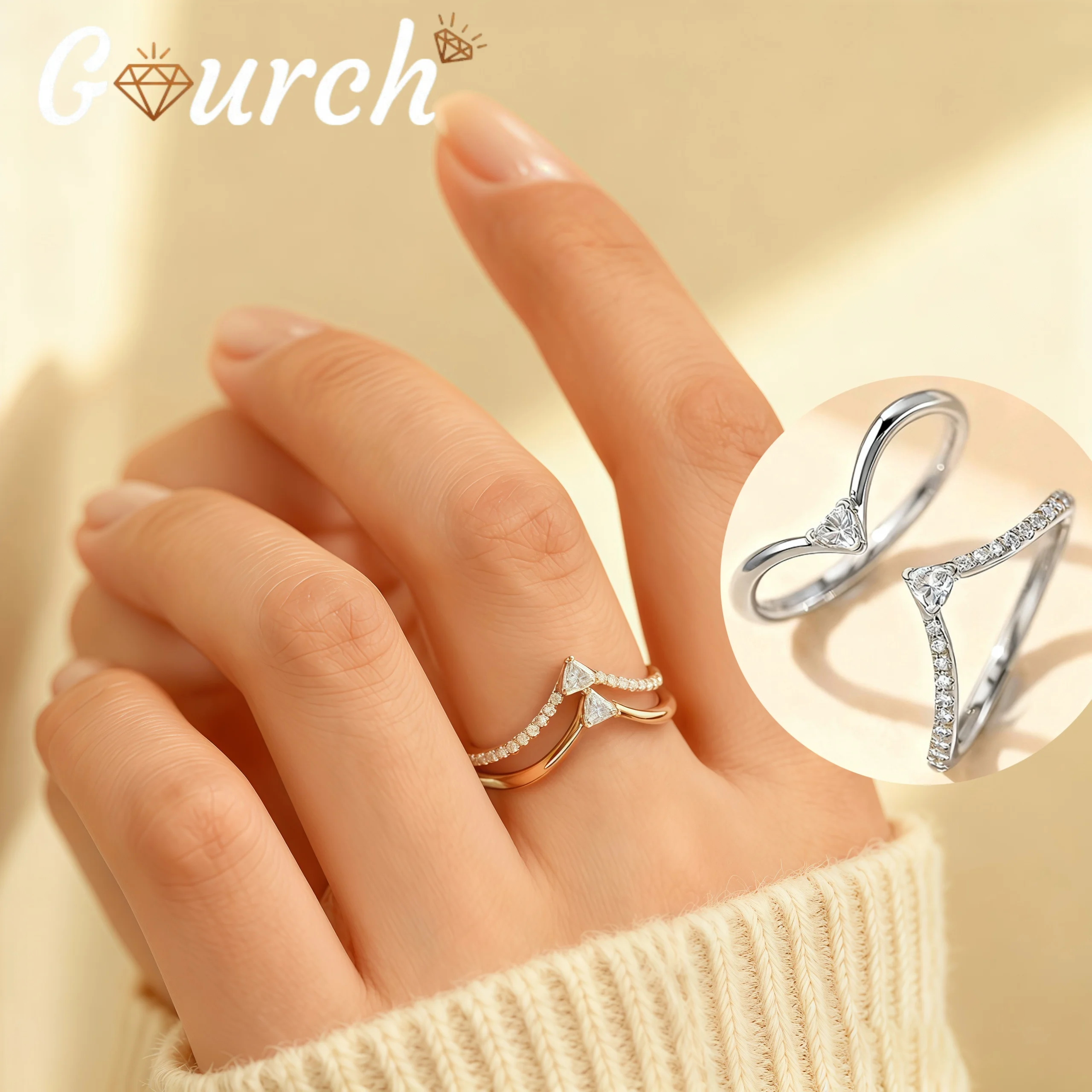 

Gourch V-Shape 3*3mm Moissanite Stacking Ring Set Unique Multi-Layer Eternity Band Minimalist Luxury Dainty Jewelry for Women