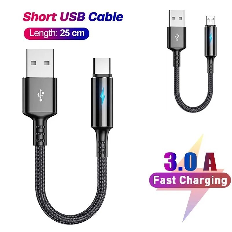 Cable Micro Usb corto de 25CM, Cable de datos tipo C, Cable portátil de carga rápida para Xiaomi Redmi Samsung SSD, disco duro, Banco de energía
