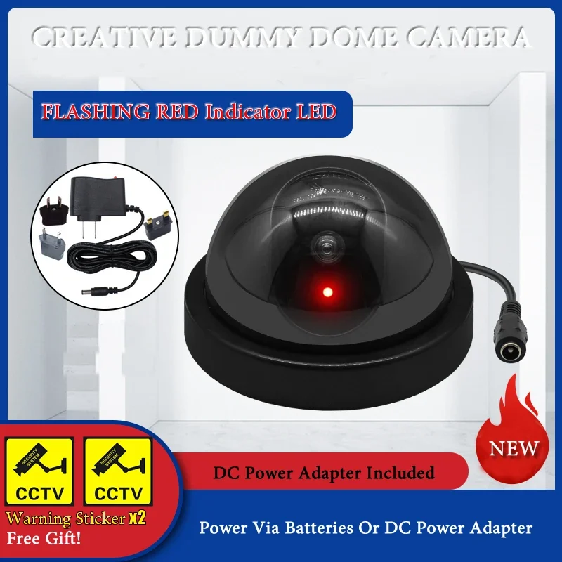 2-in-1 Black Dummy Camera Dome CCTV Flashing Red IR Led Fake Camera DC Power Adapter Or AA Battery Surveillance Security System