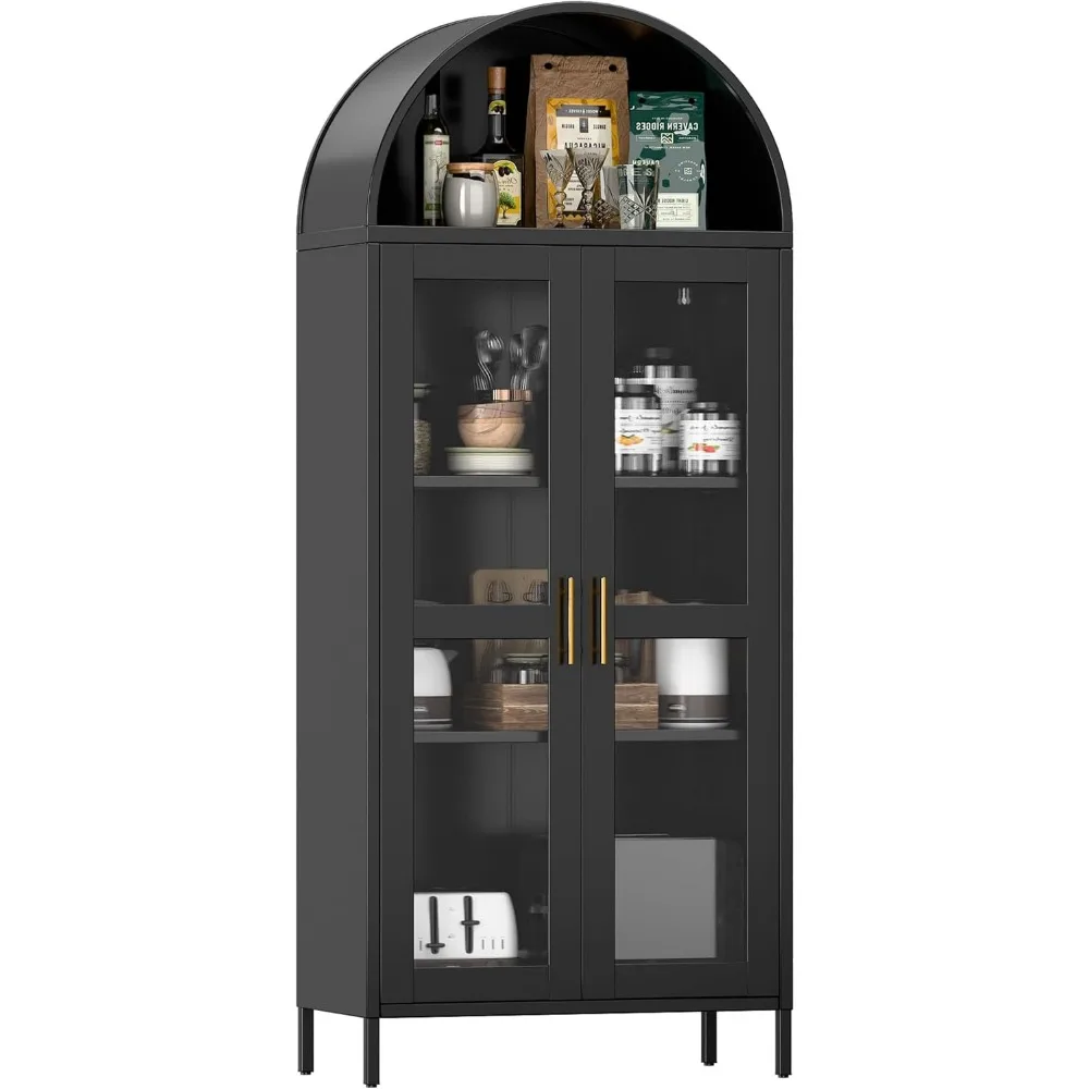 Arch Display Bookcase Cabinet, Modern Freestanding Arched Cabinet with Glass Doors/Shelves, Kitchen Pantry Storage Cabinet