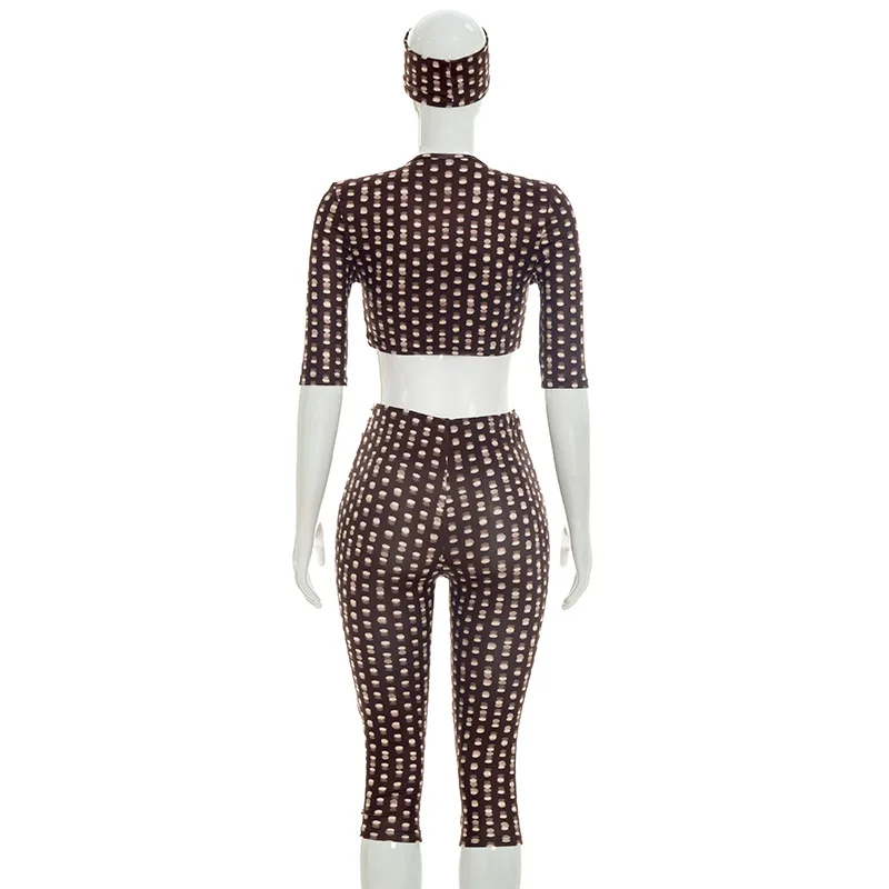 Damen 2-Teiliges Outfit mit Polka-Dot-Print, Tief Ausgeschnittenes Crop-Top + Hochgeschnittene Capri-Hose Set mit Stirnband, Sexy Nachtclub-Party-Trainingsanzug – Detail 11