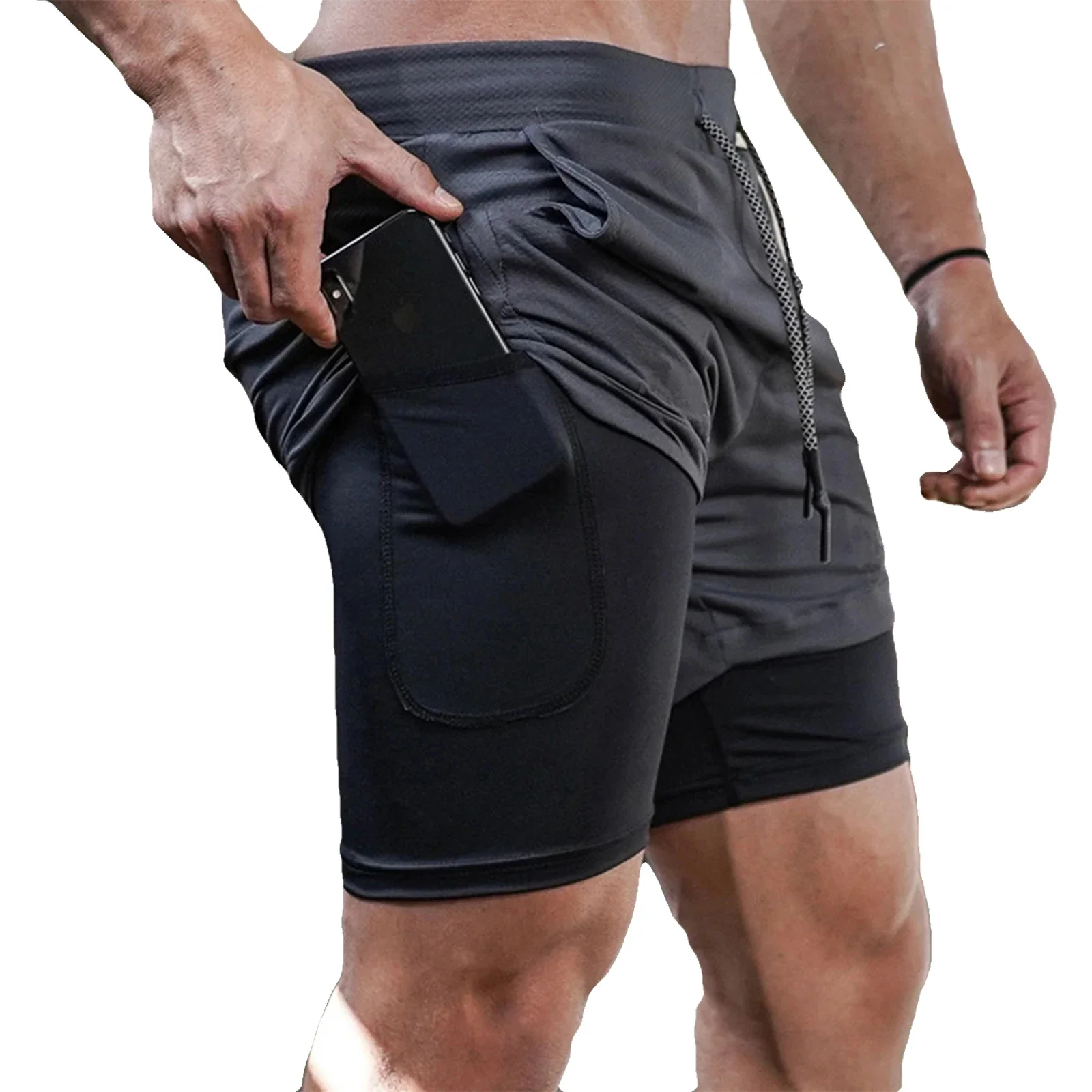 Summer men's double-layer fitness shorts with drawstring mesh lining, elastic waist, breathable quick drying beach pool shorts