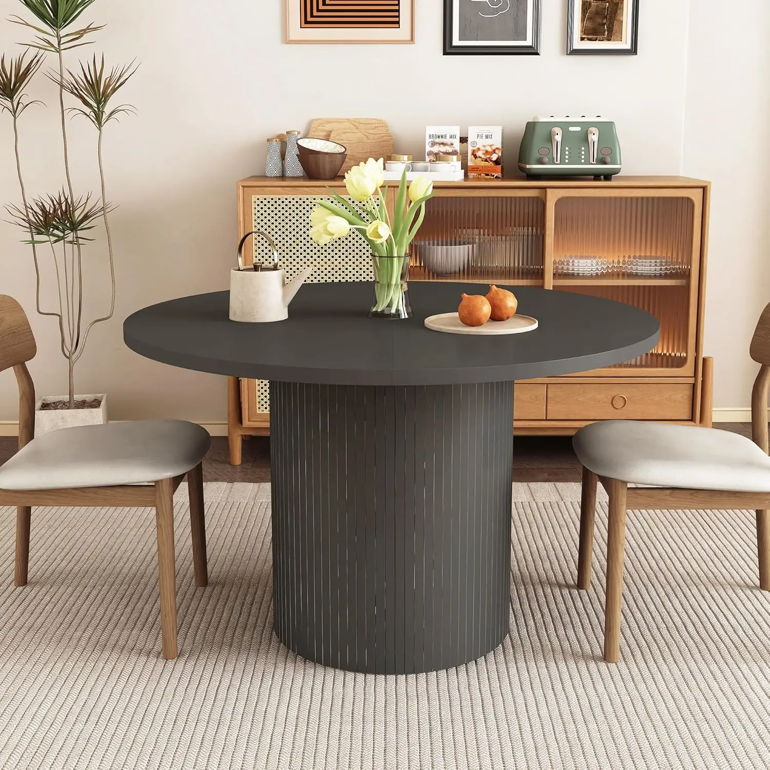 Round Dining Table for 4, Modern Farmhouse Kitchen Table, 47 Inch Small Circle Dining Tables with Wood Strip Base, Customized