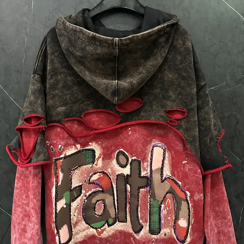 Unique Design Distressed Fake 2-Piece Cartoon Little Girl Hooded Color Block Sweatshirt Loose Casual Top Autumn New Hoodie Women