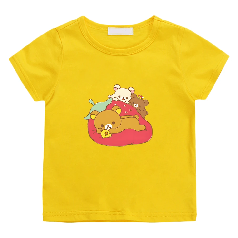 Rilakkuma Korilakkuma Bear Graphic Tshirts Kiiroitori Yellow Chick Strawberry T-shirt Kawaii Cartoon Cute Print Tee-shirt Child