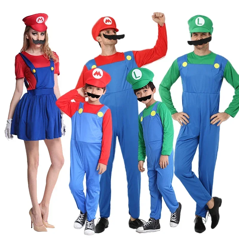 2025 New Halloween Aldult Kids Super Mari Luigi Bros Cosplay Costume Jumpsuit Dress Full Suit Party Boys Girls Fancy Costum abc