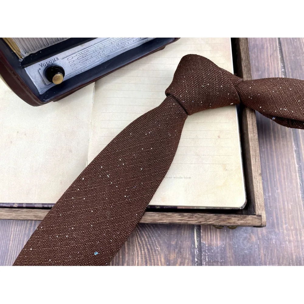 8CM Brown Neckties For Men Cotton Linen Shiny Sequin White Neck Tie Solid Color Soft Cravat Wedding Party Formal Stage Neckwear