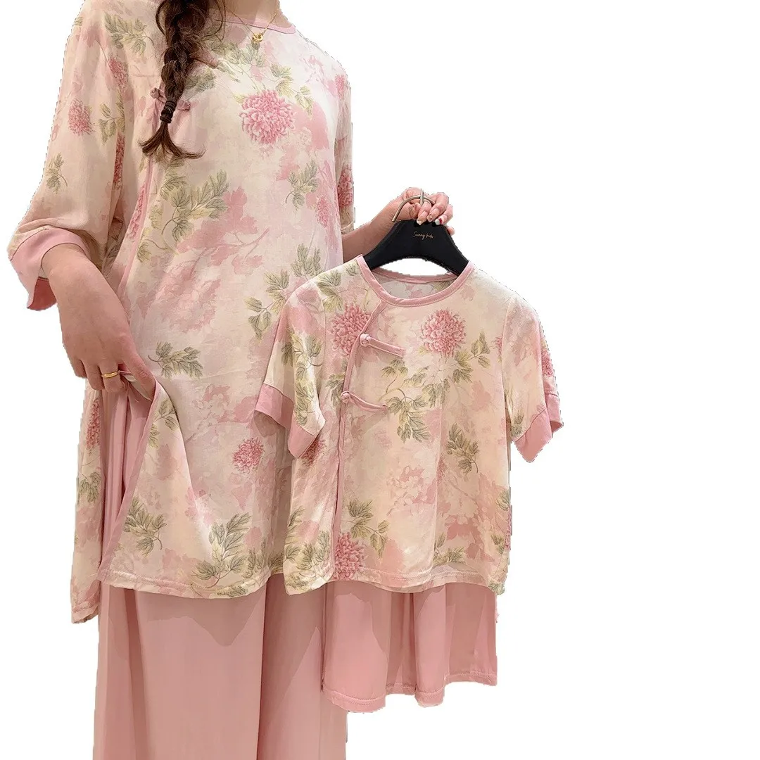 Summer Girls Cotton and Silk Set New Chinese National Style Baby Short Sleeve Nine-Point Pants Set 5