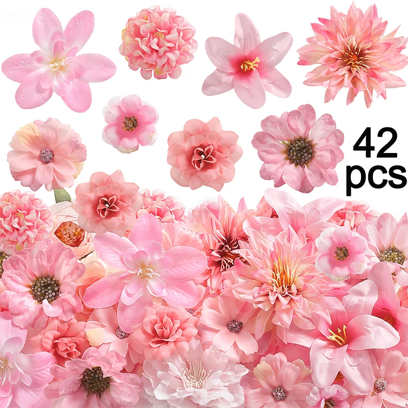

42Pcs Artificial Flower Head Bulk Mini Silk Rose Peony Daisy Fake Flower Cake Flower Wreath Accessories for Wedding Home Decor