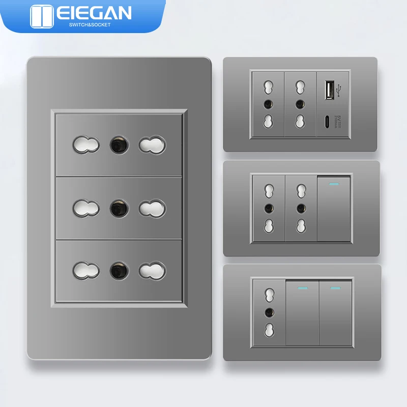 ELEGAN Grey Retardant PC Panel Italy Standard Type-C EU Outlet Plug Wall Socket Light Switch EU 1/2/3/4/5/6Gang Switch Home